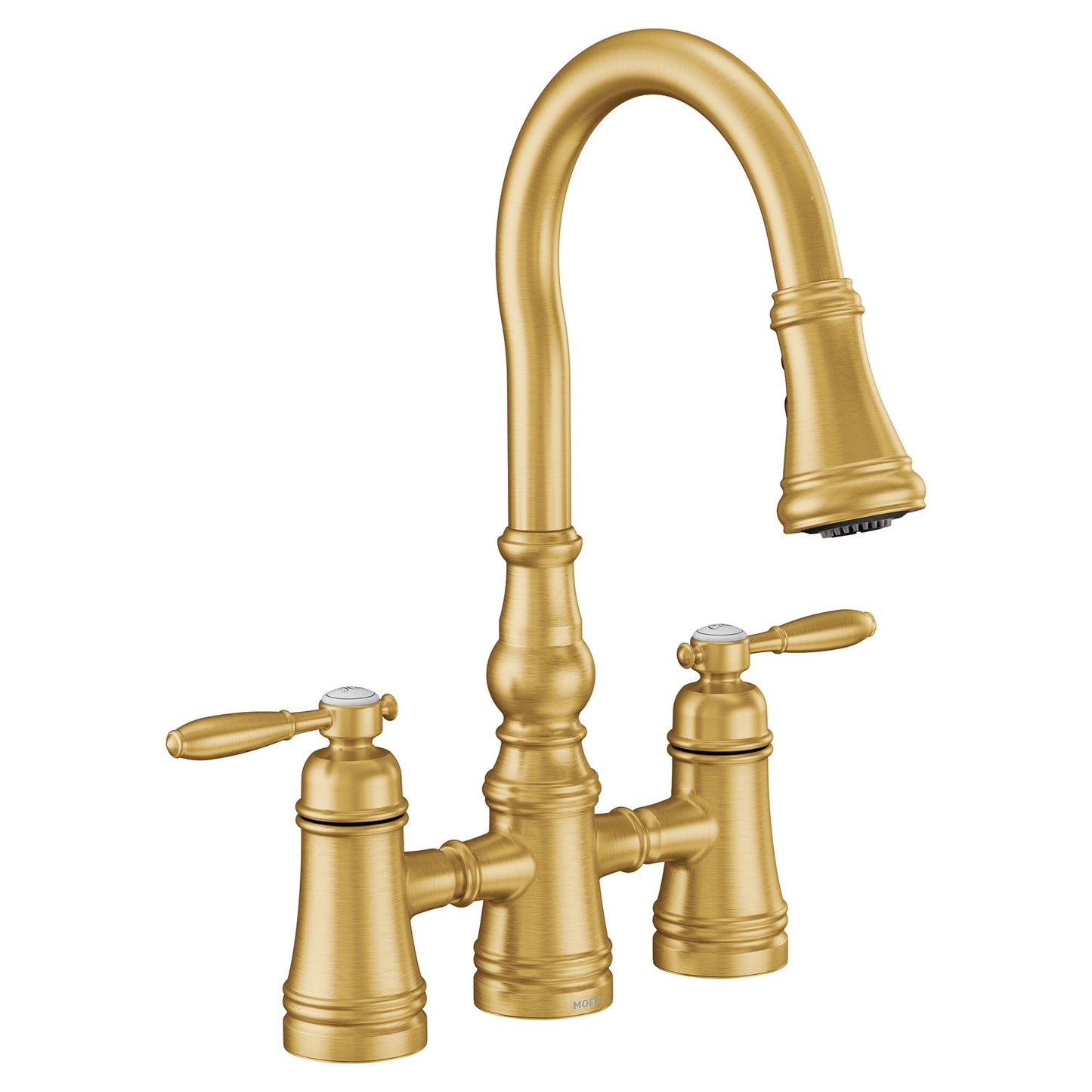 Moen Brushed Gold Weymouth Two Handle Pulldown Bridge Kitchen Faucet, S73204BG
