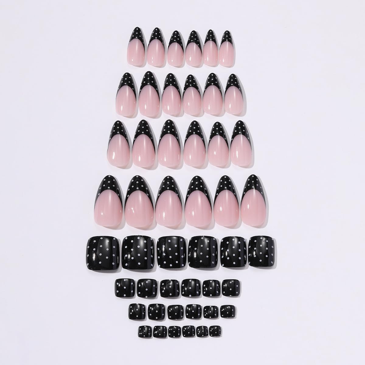 Polka Dot Press on Nails & Press on Toenails Matching Set -Black French Almond Nails Press ons,Black Toe Nail Press ons Short Square,Reusable | Artificial | Nail Sticky Tab | Easy Apply | 48Pcs