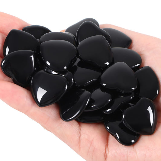 QINJIEJIE 20 PCS Natural Heart Healing Crystals Black Obsidian Polished Stones Pocket Crystal Palm Mini Cute Love Gemstones Set Bulk Wholesale Reiki Energy Balancing Meditation Valentine's Day Gift