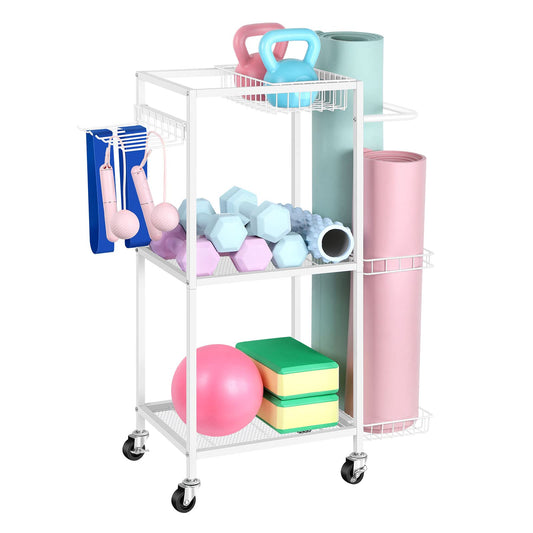 Weight Rack for Dumbbells Yoga Mat Storage Rack Home Gym Equipment Storage Rack Workout Equipment Storage Cart with Hooks for Yoga Mats, Dumbbells, Kettlebells, and Resistance Bands, White