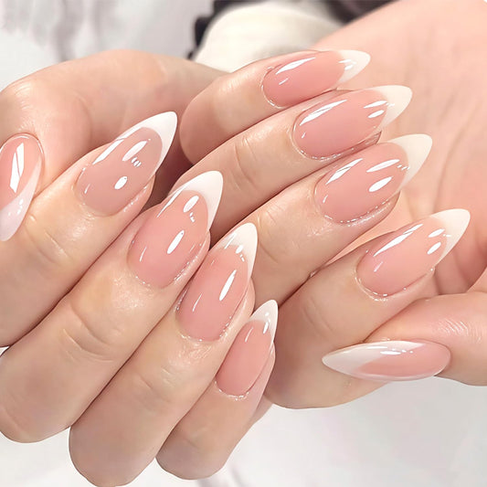 30Pcs White French Tip Press on Nails Medium Almond Fake Nails Glossy Nude False Nails French Nail Tips Solid Color Stick on Fingernails Cute Exquisite Elegance Fashion Simple for Women