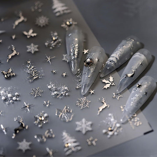 Christmas Nail Art Stickers 5D Embossed Christmas Nail Stickers Xmas Tree Snowflake Bow Deer Star Nail Decals Winter Self-Adhesive Silver Nail Art Supplies for Women Girls New Year Manicure 1 Sheet