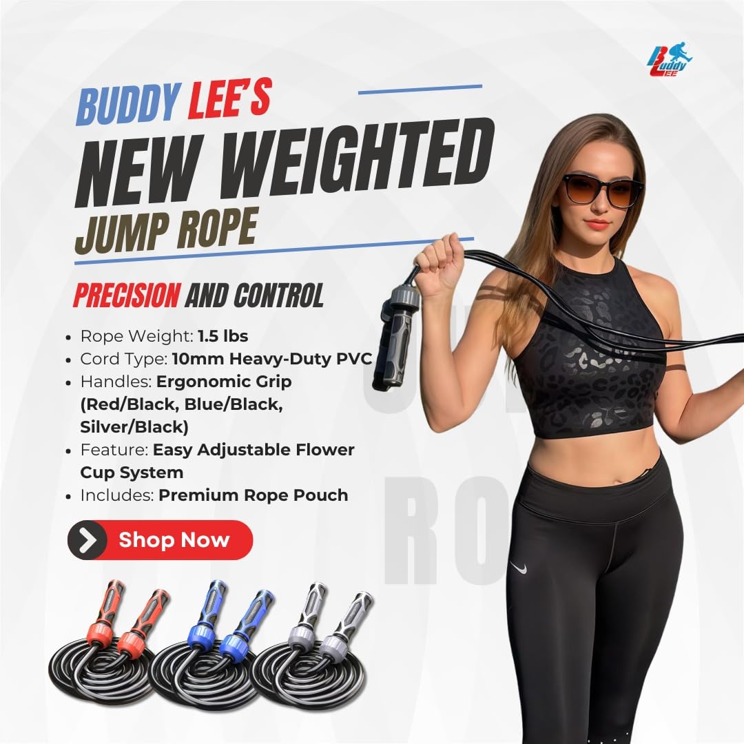 Buddy Lee Weighted Jump Rope 1.5 lbs – Heavy-Duty 10mm PVC Rope with Adjustable Length, Power Grip Handles & Carry Pouch | Jump Rope (Blue and Black)