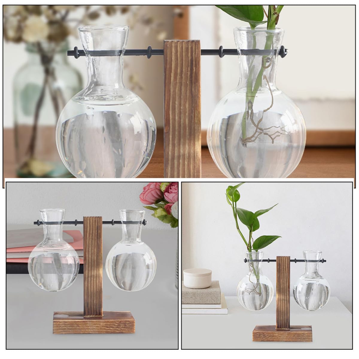 MOBUTOFU 3pcs Hydroponic Propagation Glass Containers with Wooden Stand, High Borosilicate Plant Terrarium Glass Holders for Indoor Desktop Decoration