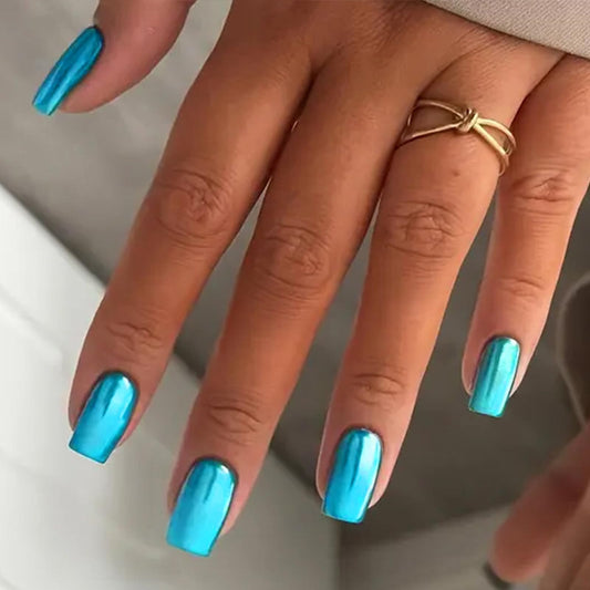 IMSOHOT Press on Nails Short Square Fake Nails Laser Blue Glossy Full Cover Chrome Metal Acrylic False Nails Stick on Nails for Women Girls 24Pcs Squoval DIY Nail Art