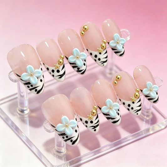 Handmade Press on Nails Almond French Tips with 3D Blue Flowers, Gold Charms and Zebra Print, Glossy Finish 10 Count M Size