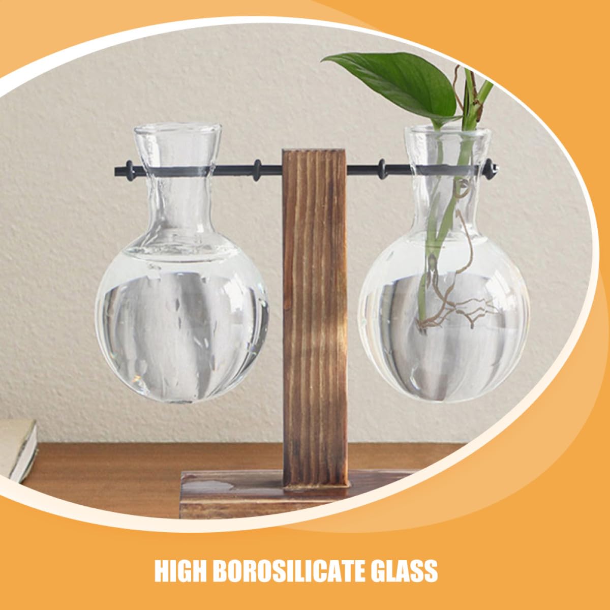 JEWEDECO Glass Flower Vase with Wooden Stand 3pcs High Borosilicate Glass Propagation Station Desktop Planter for Hydroponic Plants and Terrarium Home Décor