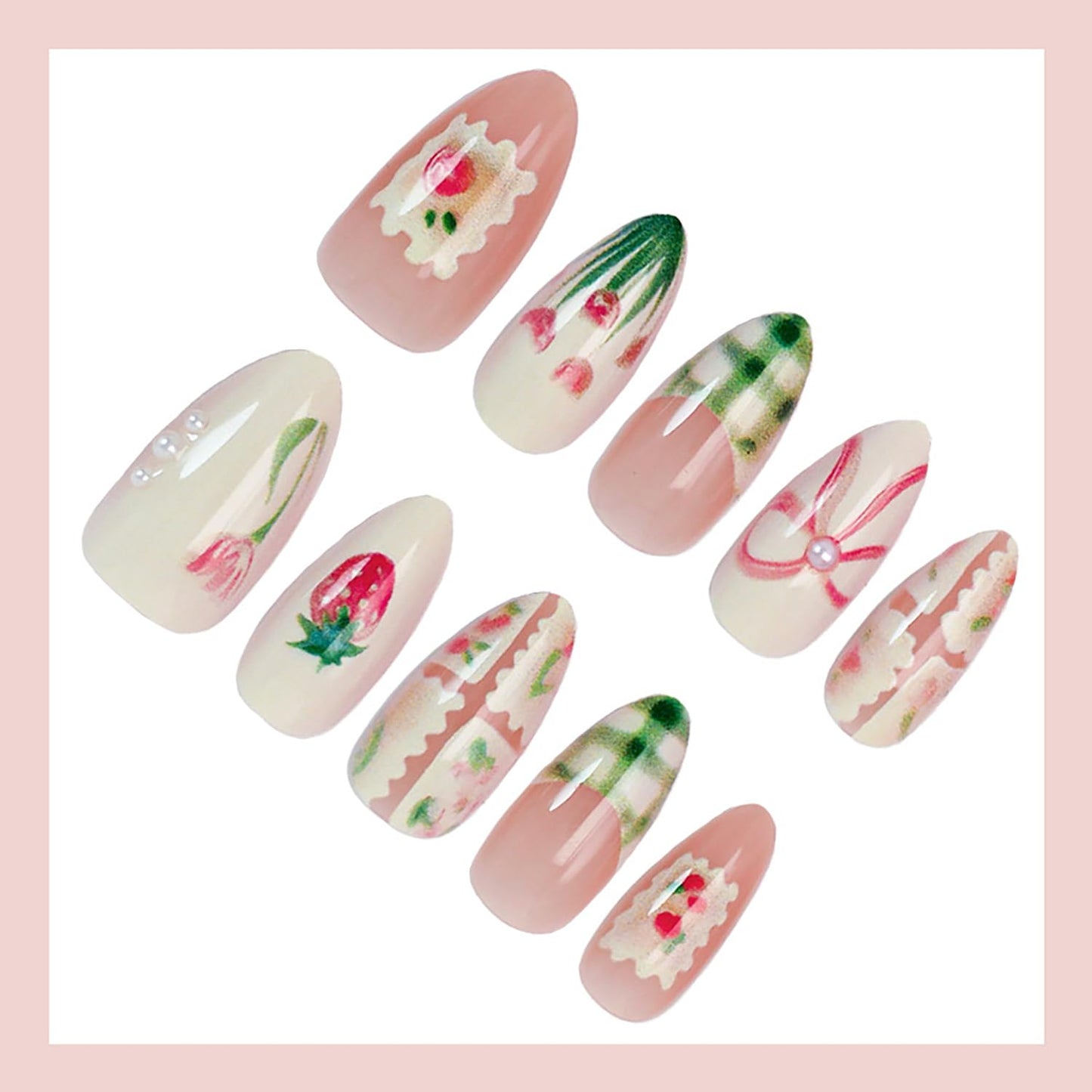 30Pcs Spring Press on Nails Medium Almond Green Plaid French Tip Fake Nails with Pearl Designs Cute Strawberry Bow Acrylic Nails Spring Flower False Nail Tulip Full Cover Glue on Nails for Women