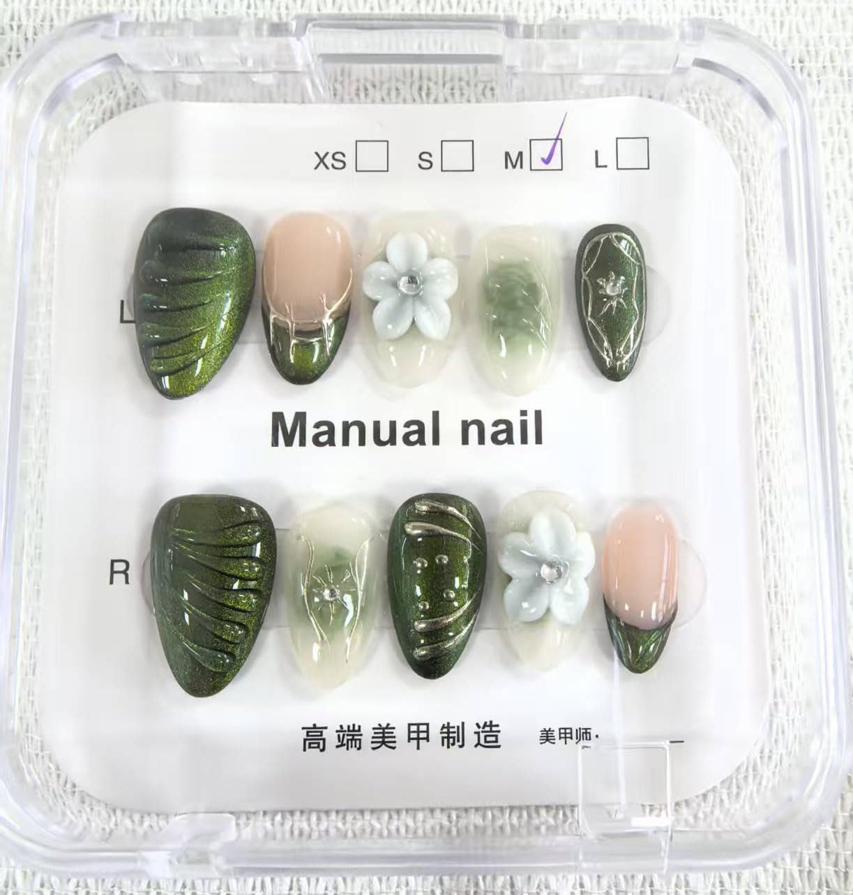 Almond Press on Nails Handmade Medium Fake Nails Green French Tip with 3D Flower Designs luxury Glossy Cute Acrylic Nails for Women 10pcs (Size M）