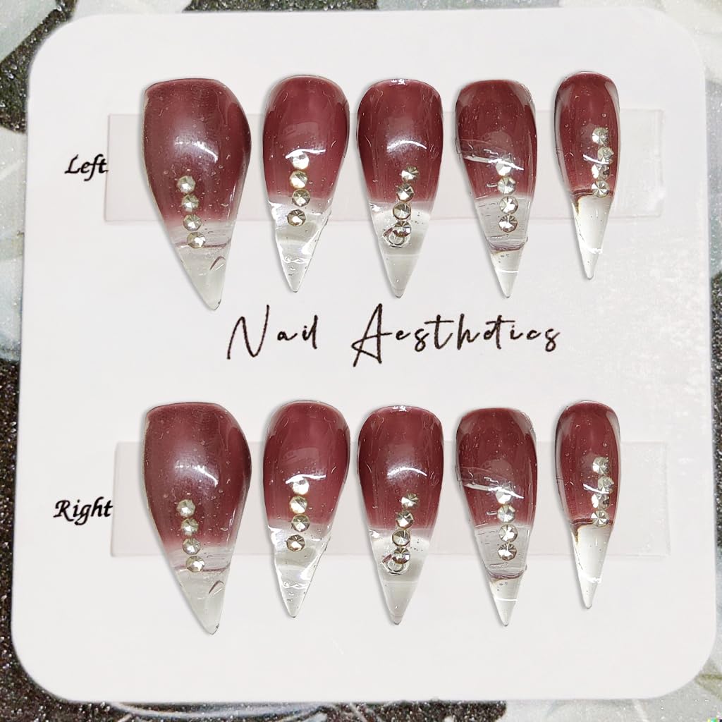 Handmade Press on Nails Curved Stiletto Fake Nails Eagle Claw Art Design Dragon Claw False Nail Wine Red Glitter French Tip Acrylic Nail Glossy Stick on Nails for Women (M)