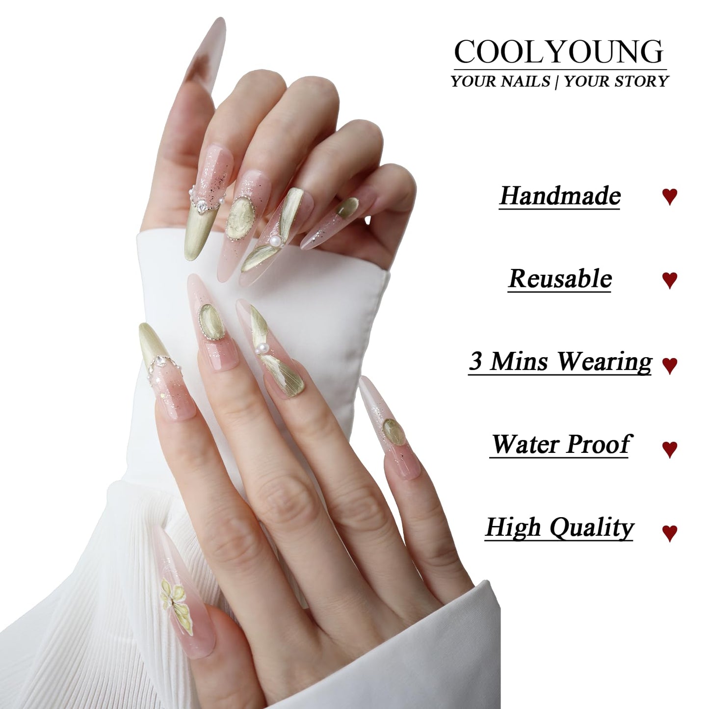 Handmade Press On Nails Long Green Fake Press On Nails Acrylic Natural Nails Women Gift Ideas French Tip Nails With Pearl Designs COOLYOUNG 15 PCS, Size L