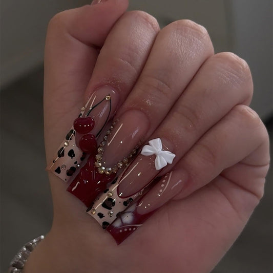 Long Square Press on Nails Fake Nails Artificial Nail Stick on Nail for Women, Cherry & Leopard Design with Red Ombre French Tip and White Bow Accents