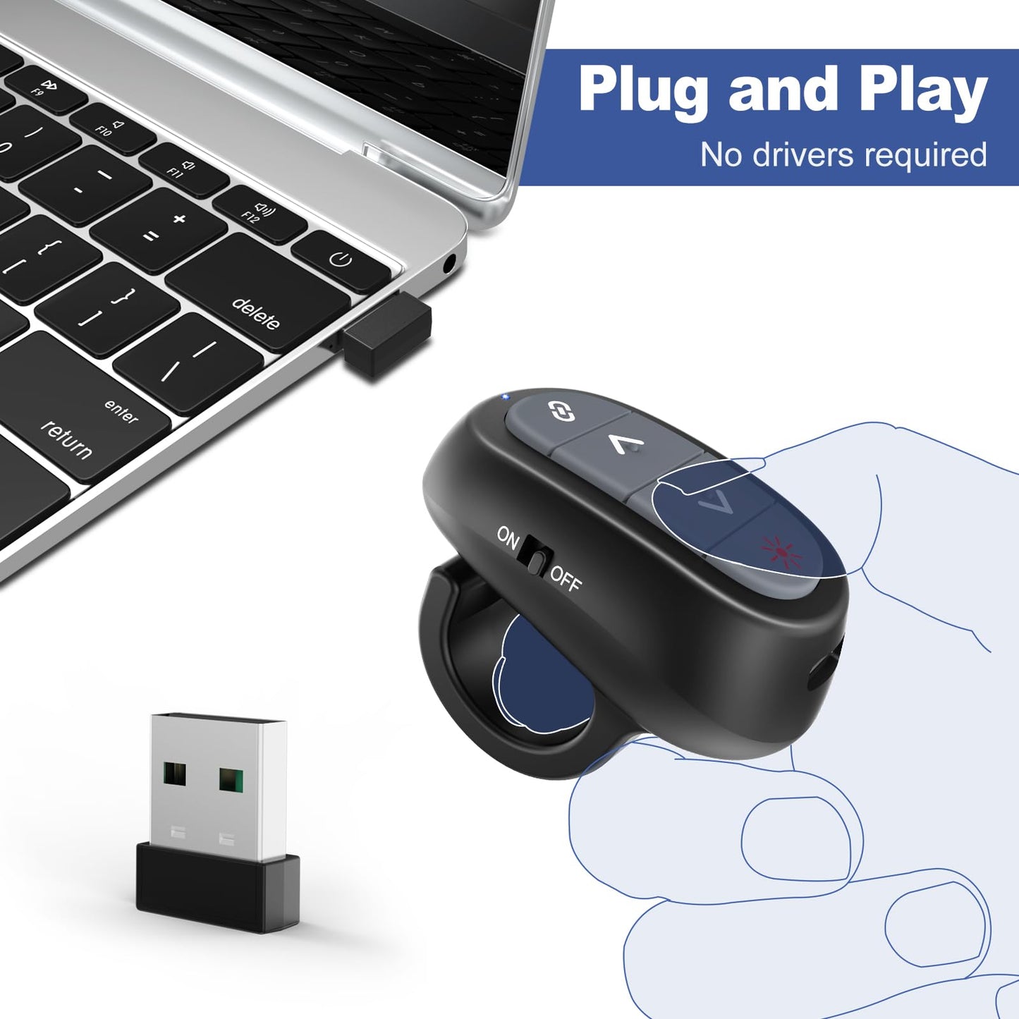 Presentation Clicker PowerPoint Wireless Presenter Remote: Laser Pointer Computer Clickers, Hyperlink Finger Ring Project Power Point PPT Clicker for Mac Laptop Office, Slideshow Google Slide Advancer