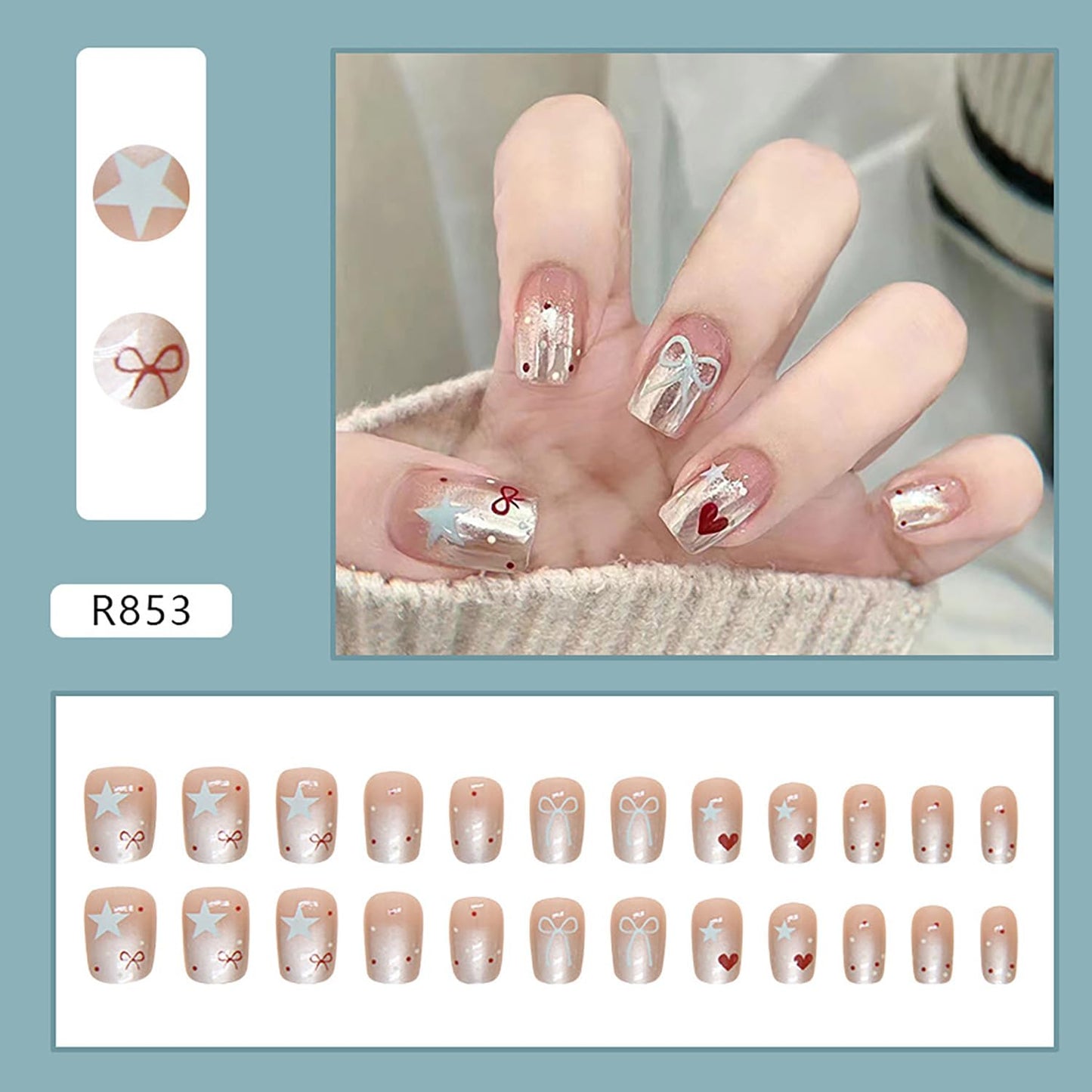 FIEONCIY Press on Nails Short Square Shaped Glossy Full Cover Acrylic Extra Short Square False Nails with Love Heart Designs Artificial Fake Nails Glue Stick ons Fingernails for Women Girls(R853)