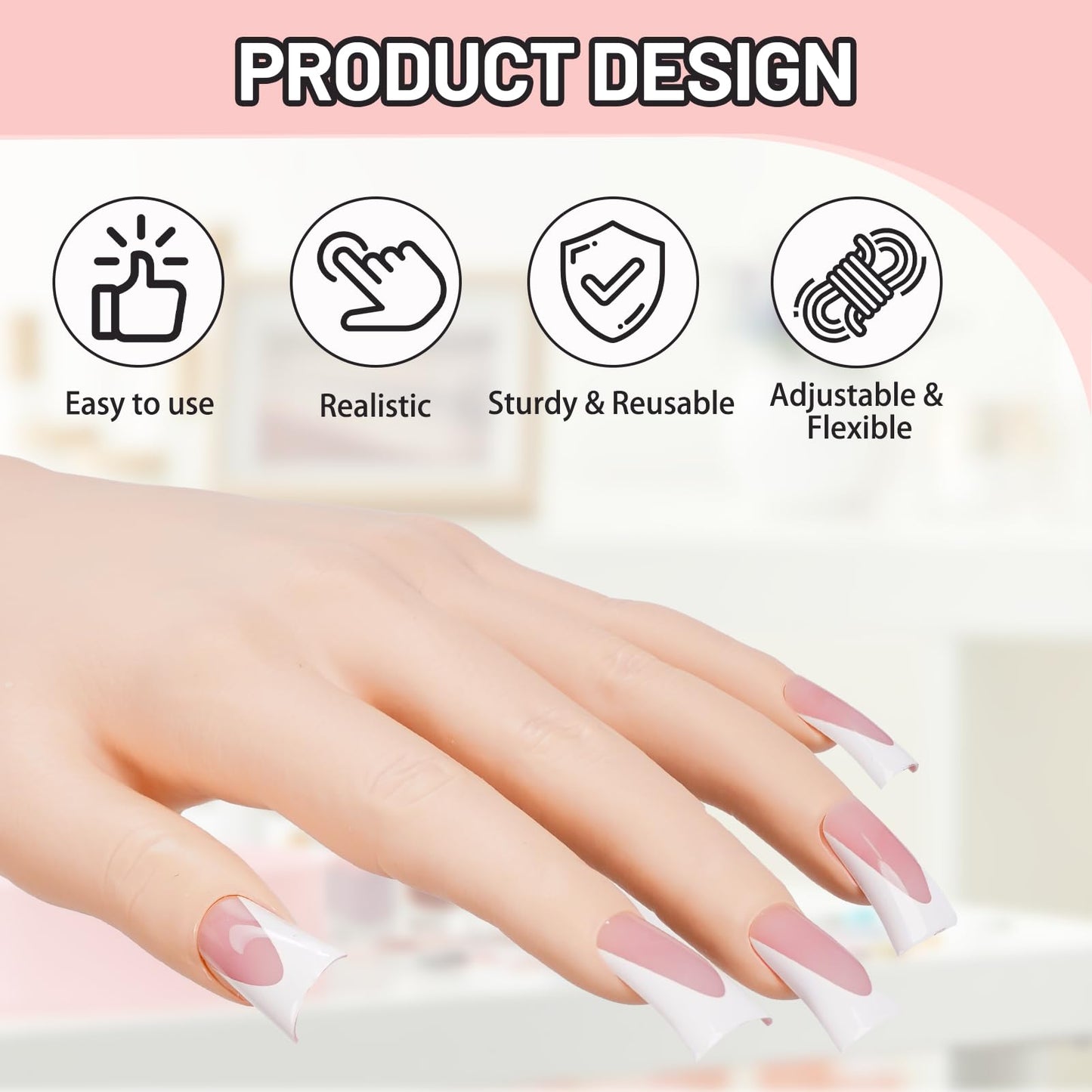Naughtology Silicon Practice Hand for Acrylic Nails, Realistic Fake Hand with Stand, 40 Nail Tips and 48 Adhesive Tabs, Reusable & Flexible Mannequin Training Model for Manicure & Nail Art Practice