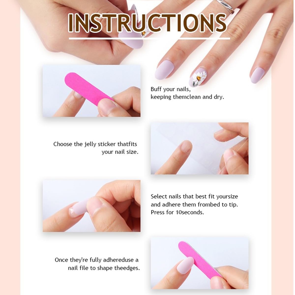 Shell French Tip Press on Nails Square Medium Fake Nails with 3D Flower Rhinestone Spot Design Full Cover Glossy Stick on False Nails for Women 24 Pcs
