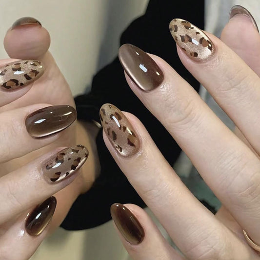 XZMeiLun Brown Cat Eye Press On Nails Short Almond – Leopard Print Designs, Acrylic Reusable Fake Nails with Adhesive Tabs Glue, Salon Quality Nail Press Ons - Magnetic Nail Kit for Women Manicure