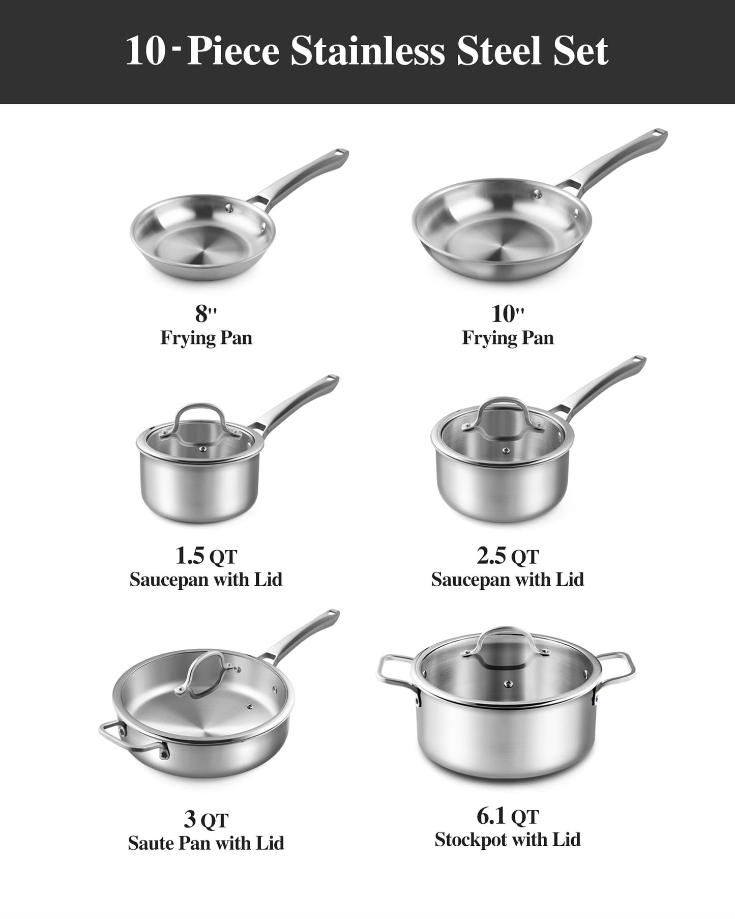 Stainless Steel Cookware Set,Tir-Ply Pots and Pans Set,10 Pcs Stainless Steel Induction Kitchen Cookware Sets,PFOA Free, Frying Pans, Butter warmer,Saute Pan & Stock Pot,Compatible with All Cooktops