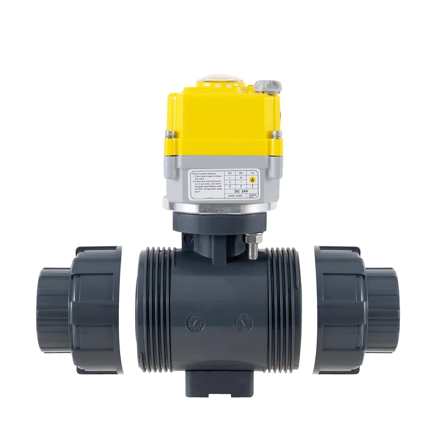 Electric ball valve 3/4 inch full bore 2-way PVC union ball valve, DC24V AC110V-230V power adapter and automatic return setting. Normally closed electric water valve DN20MM
