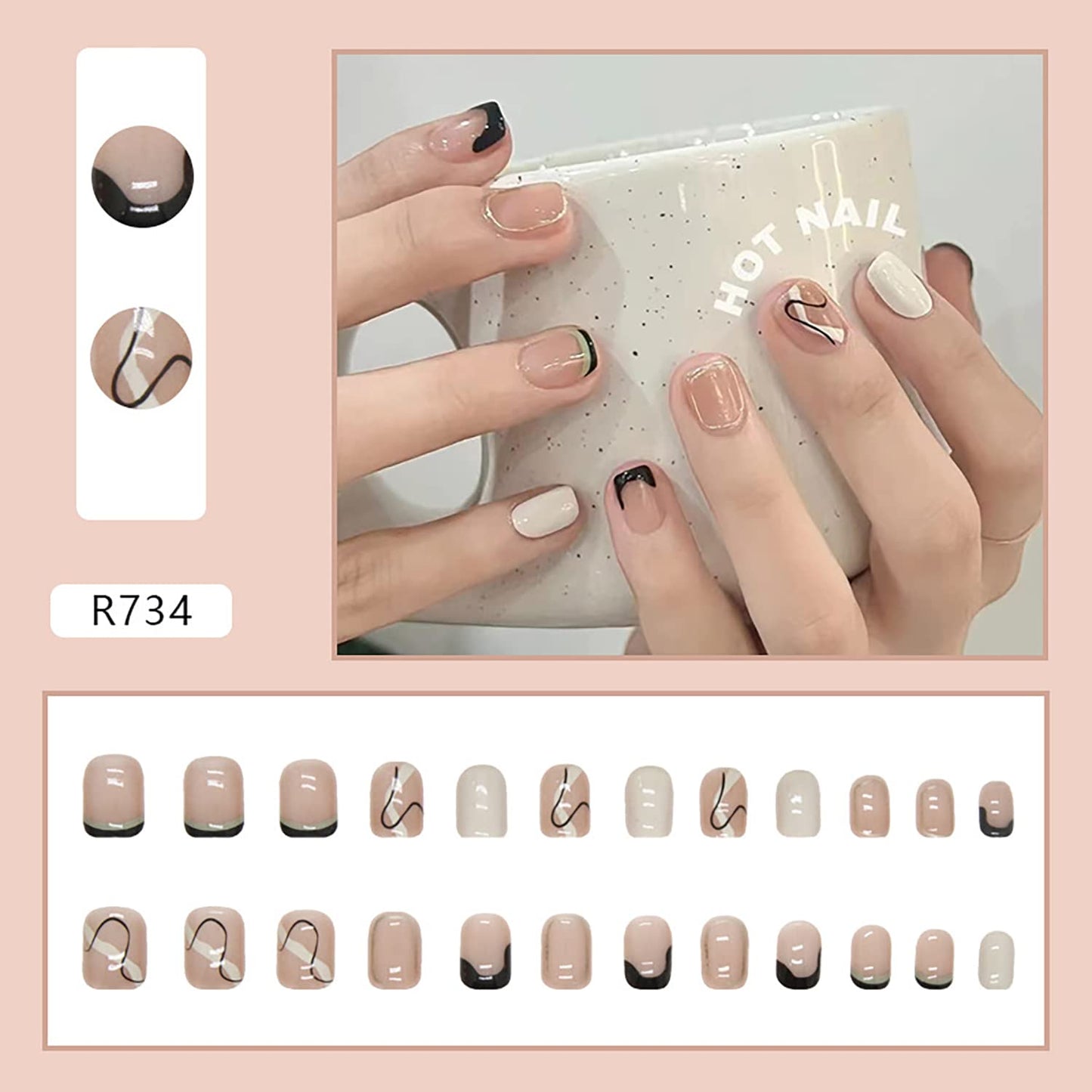 24PCS Full Cover Reusable False Nails Kits, Press on Nail Short Square Glue on Nails with Line Designs Artificial Glossy Fingernails Acrylic Fake Nails for Women Stick on Nails Coffin Shape