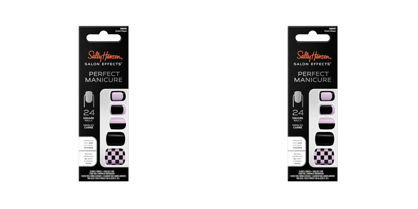 Sally Hansen Salon Effects® Perfect Manicure, Check Please, Press On Nails, Square Shaped, Non-Damaging Adhesive Tabs, File, and Alcohol Pad Included (Pack of 2)
