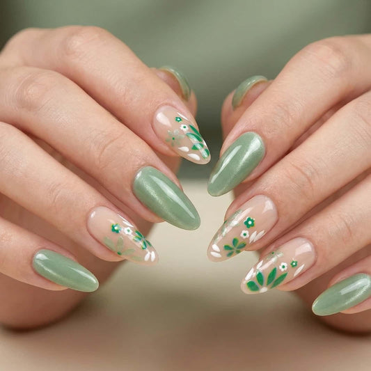 French Tip Press on Nails Cat Eye Fake Nails with Flowers Design Mint Milk Green Reusable Glue on Nails Full Cover Acrylic Stick on Nails For Women Decoration 24 Pcs Artificial Nails