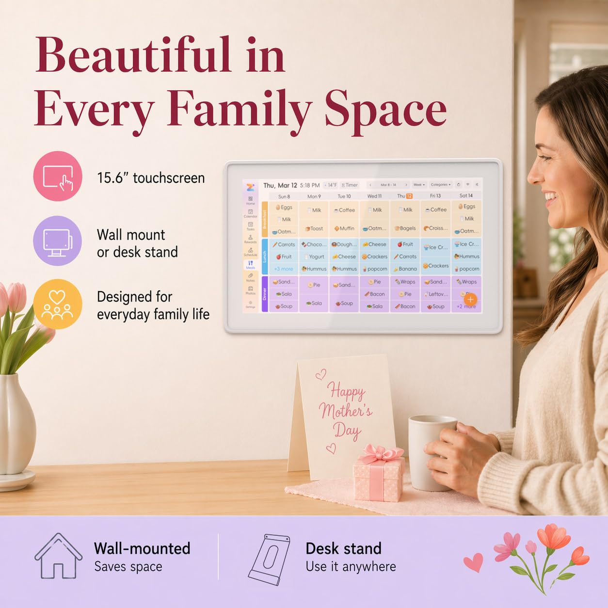 OWNCOZY 15.6 Inch Wall Planner Digital Calendar & Chore Chart, Smart Touchscreen Interactive Family Schedule Display with Electronic Photo Album, Wall-Mounted Smart Home Organizer for Daily Tasks, Appointments & Photo Slideshow, White