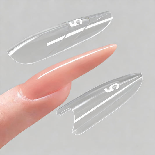 ESUOHYM 240 pcs Sandwich Dual Nail Forms Reusable Quick Nails Extension Mold for Builder Structure Poly Gel,15 Sizes Long Oval Bulider Forms with Almond Shape Guide Lines Nail Art Tools Salon Home