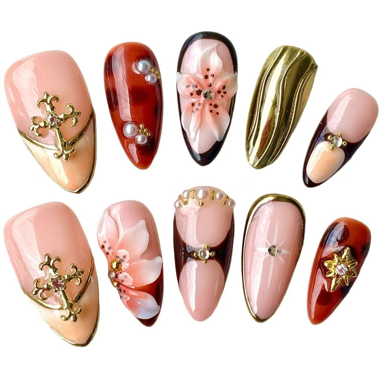 Handmade Press On Nails Medium Almond 10 Unique 3D Floral Designs Gold Filigree Crosses Caramel-Brown & Peach Blossoms | Reusable Acrylic False Nails for Women (Brown, M)