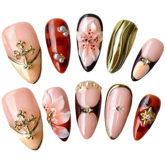 Handmade Press On Nails Medium Almond 10 Unique 3D Floral Designs Gold Filigree Crosses Caramel-Brown & Peach Blossoms | Reusable Acrylic False Nails for Women (Brown, S)