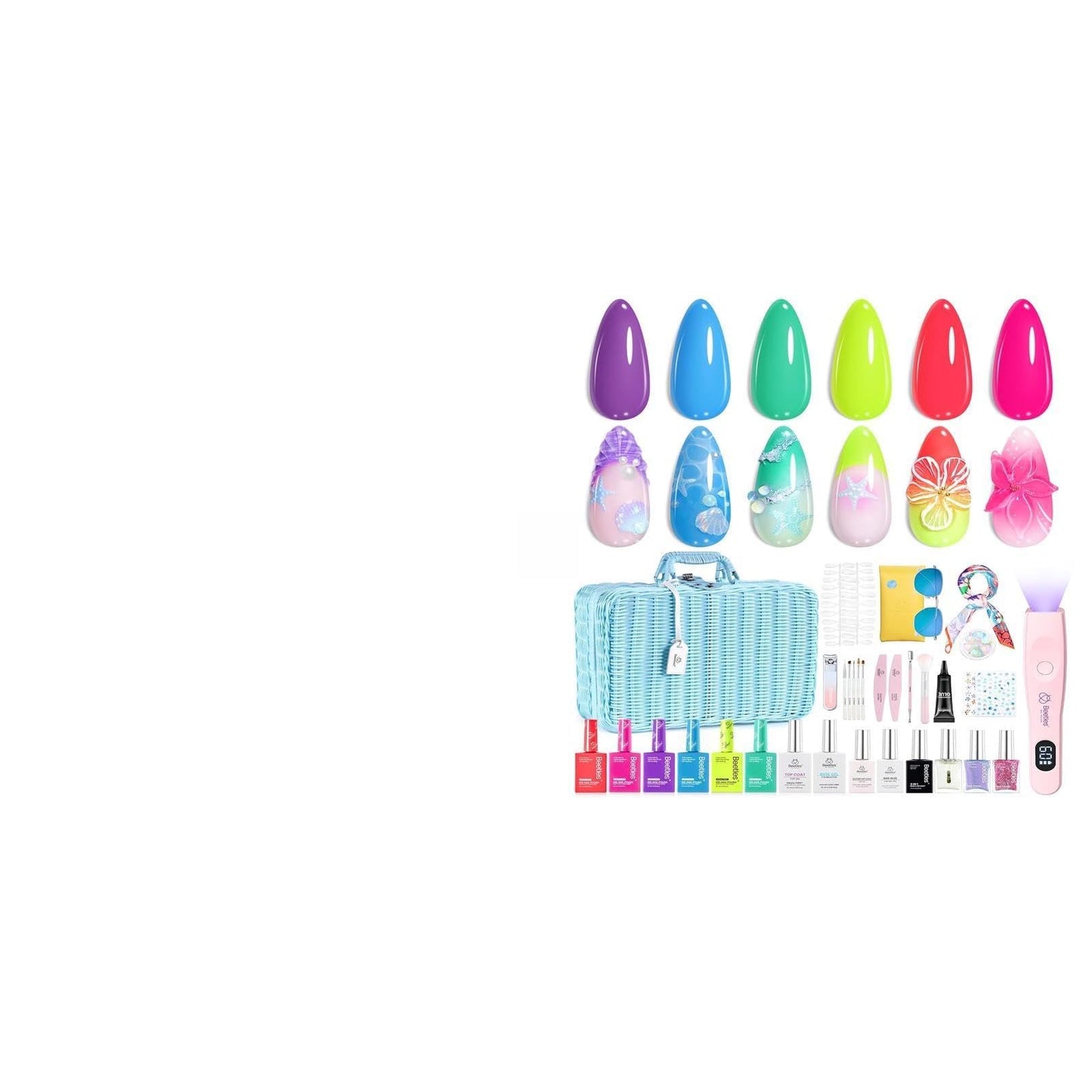 Beetles Cat Eye Press On Nails Short Almond, 32pcs 16 Sizes, Glue and Tabs, HEMA and TPO Free, Rose Glow & Neon Gel Nail Polish Set, Summer Colors with Mini LED Lamp, Base & Top Coat