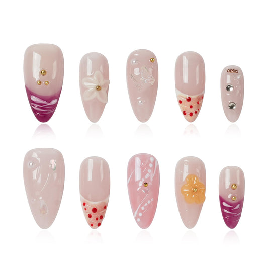 Tesytto Nude Pink Press On Nails - Medium Almond Handmade 3D Floral Gradient Color with Water Drop Butterfly Decor & Seashell,Hand-painted French Tip for Spring Summer (Hand Painting,M)