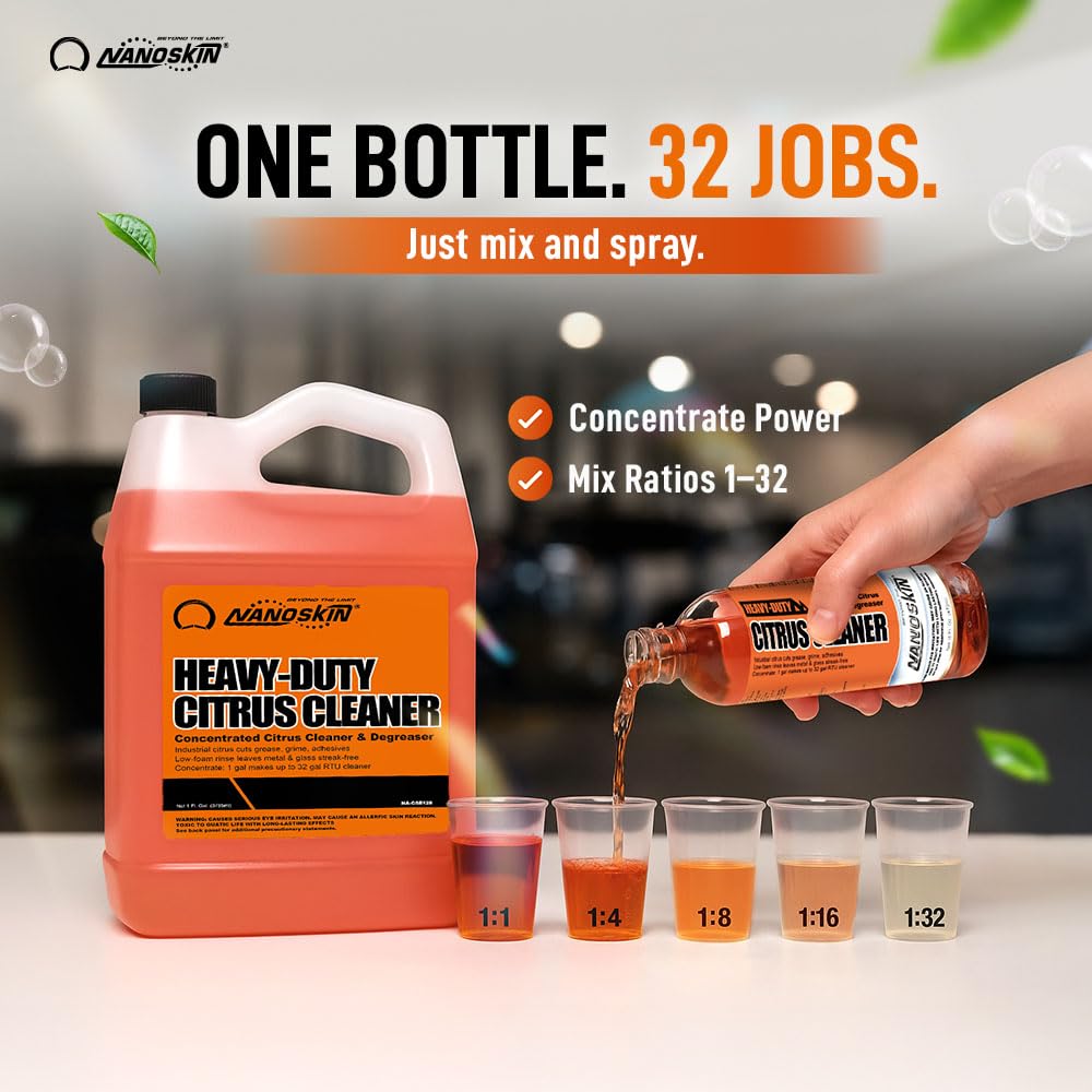 Nanoskin Heavy-Duty Citrus Cleaner & Degreaser Concentrate 5 Gallon, Low-Foam Solvent, Dilutes up to 1:32, Cuts Grease Tar Adhesives, Safe on Metal Concrete Engines, For Auto Detailing, Shop & Home
