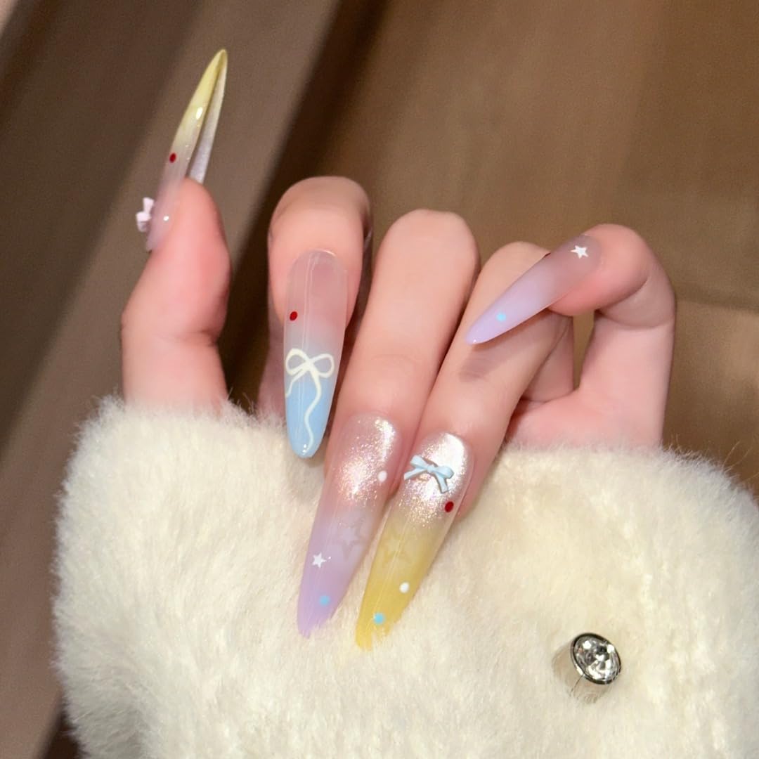 Dreamy Pastel Ombre Press On Nails, Star & Bow Embellished Extra Long Stiletto Fake Nails, Reusable Manicure Set (M)