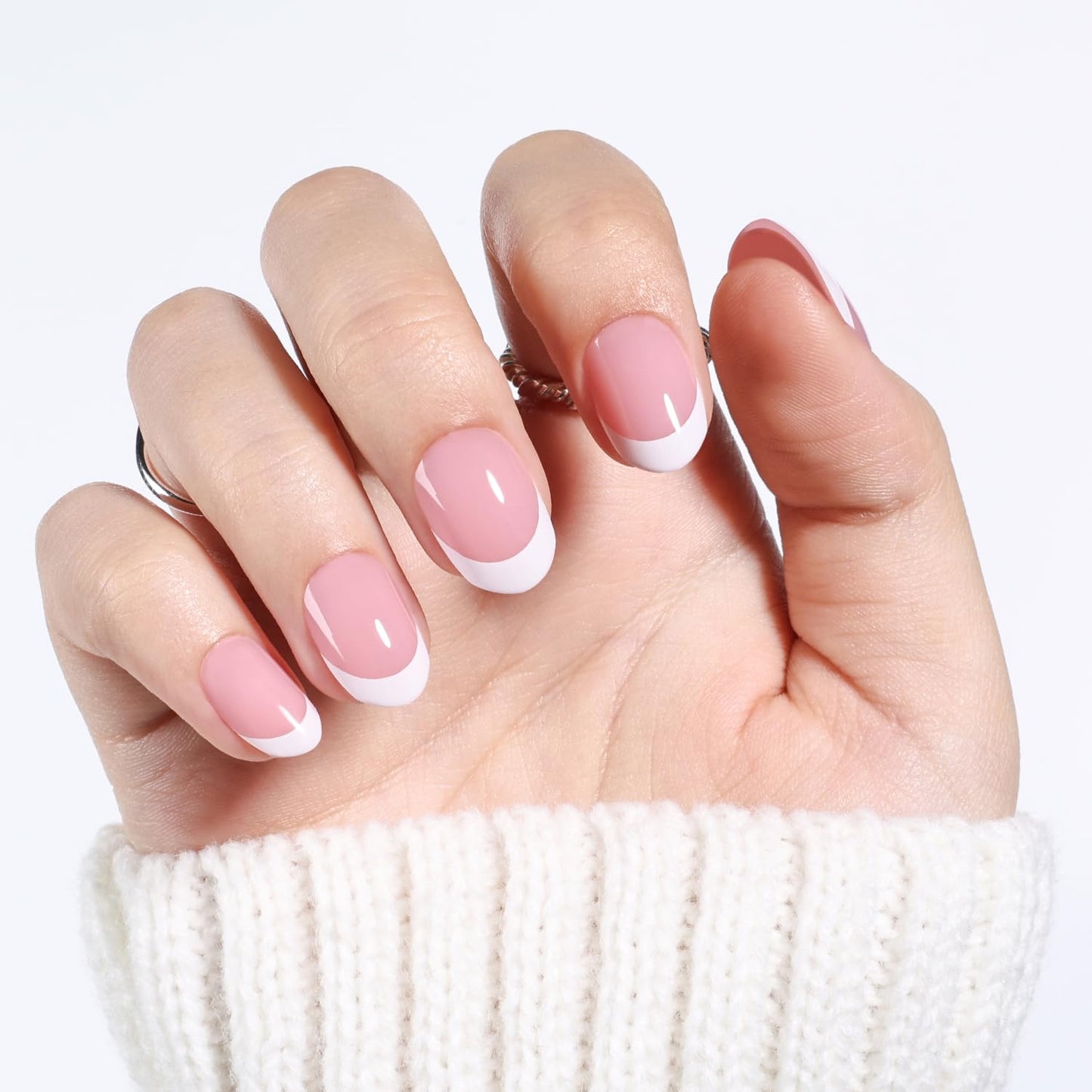 Leefrei French Tip Press On Nails - Short Oval White Tips Press on Nails Glossy Nails Press Ons for Women DIY Fake Nails Kit with Glue, Reusable Glue on Nails Short in 16 Sizes - 32pcs, Blush French