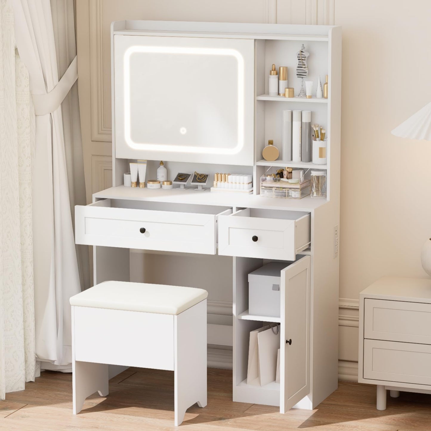 Hogxp Vanity Table with Hidden Storage & LED Mirror - Includes Padded Stool, 5 Compartments, 2 Drawers & 1 Storage Cabinet - Ideal Bedroom Makeup Dressing Table White