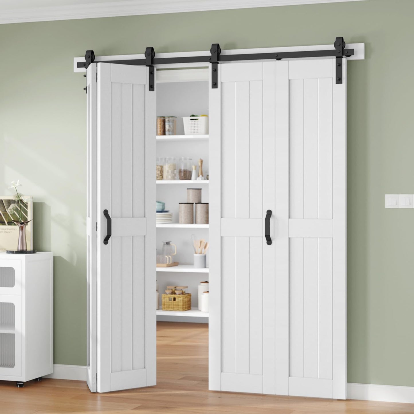 Finosen Bifold Barn Door 72 x 84 in (Four 18x84 Inch),Bi-fold Sliding Closet Doors with Hardware Track kit Included 6.6ft Rail for 4 Doors and Track Connector,Save Space,DIY Assembly.