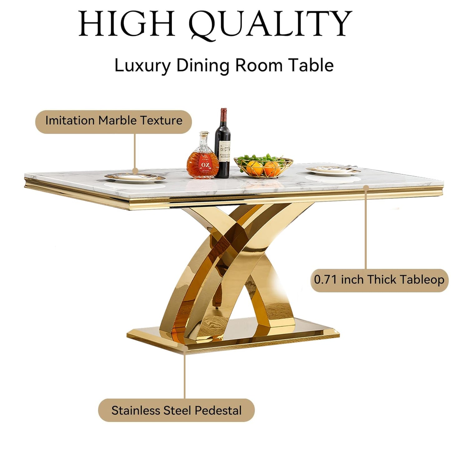 Pvillez 68.11" Marble Dining Table Set, White Dining Table with 6 Green Velvet Chairs, Rectangle Kitchen Table and Chair Set with Gold Stainless Steel Base, Luxury 7 Piece Dining Set for Kitchen