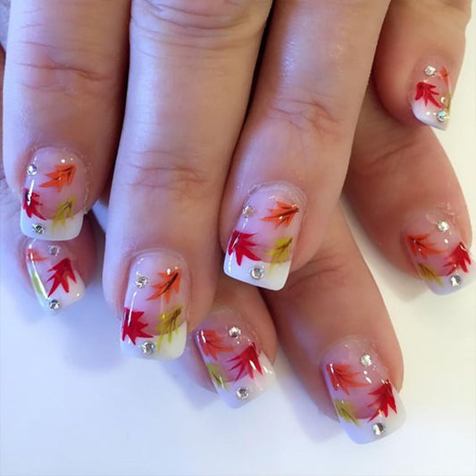 Thanksgiving Press on Short Nails Square Shaped Acrylic Glossy Full Cover Square Fall False Nails with Maple Leaf Designs Artificial Autumn Leaves Glue ons Square Fake Nails for Women Girls(YS05)