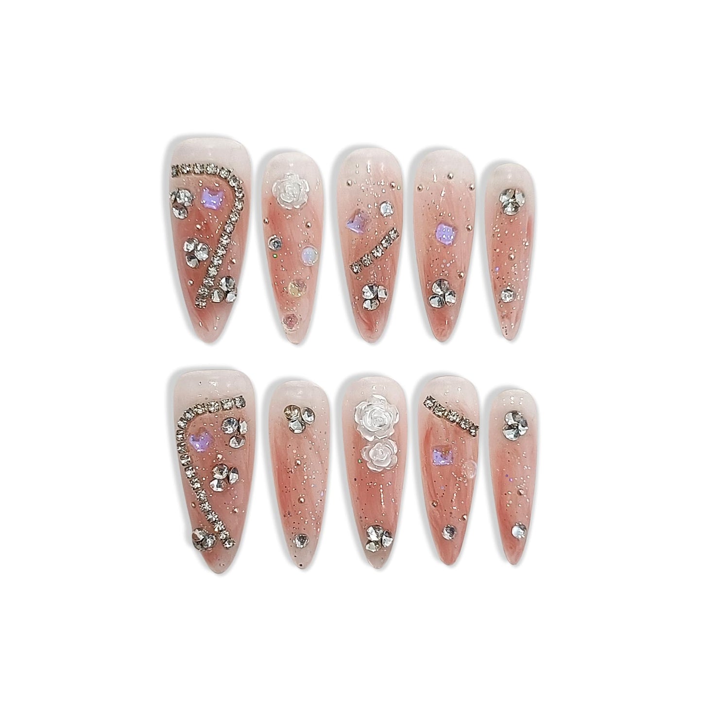 TENPAL Handmade Press on Nails Stiletto Rhinestones Pink Nails Press ons Ballet Acrylic Fake Nails With Diamond Camellia Designs 10pcs/Box Glue on Nails Long Y2k Sweet Cool Artificial Nails(S,Orange)