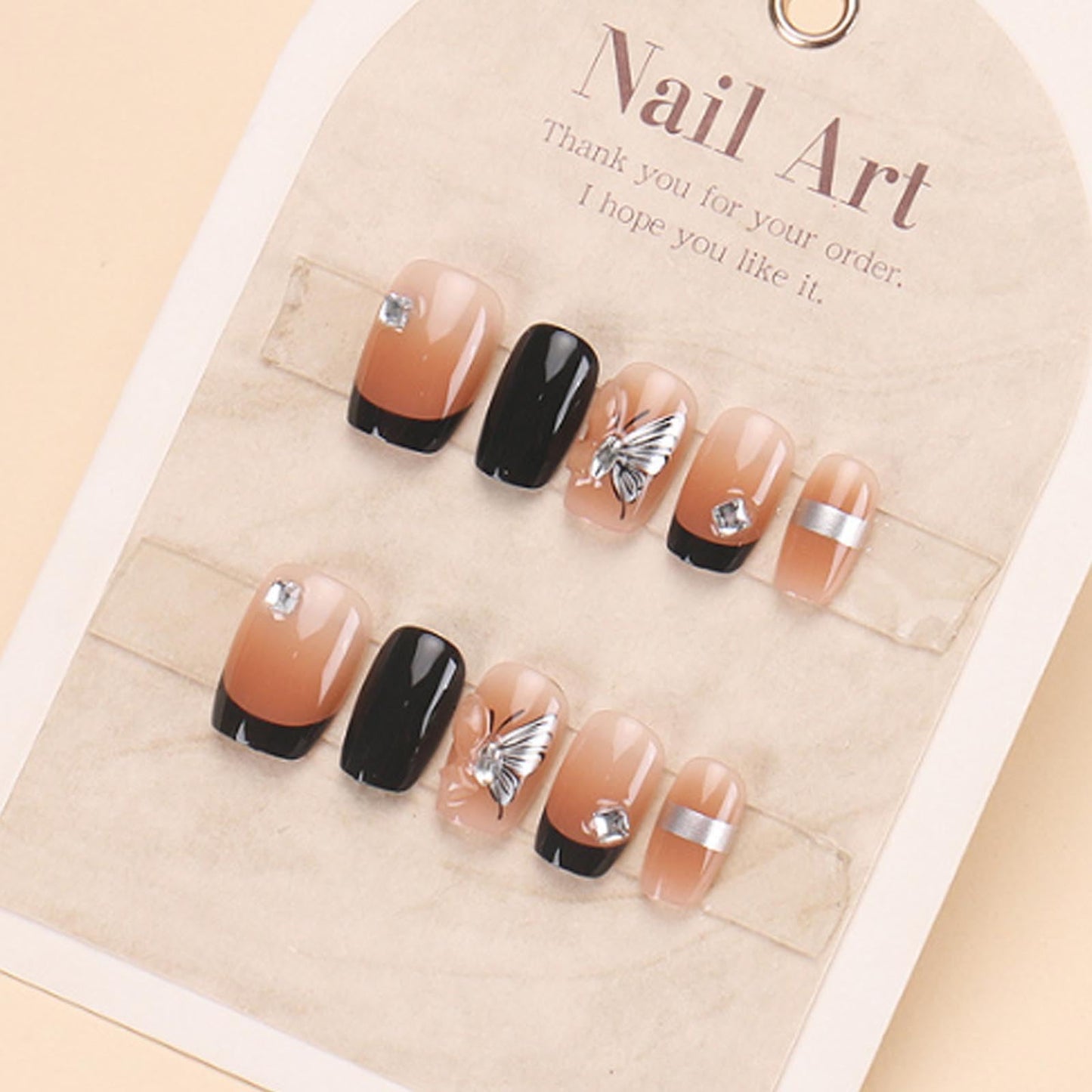 Hkanlre French Short Fake Nails Tips Square Black Press on Nails Butterfly Full Cover Rhinestones False Nails for Women 24PCS