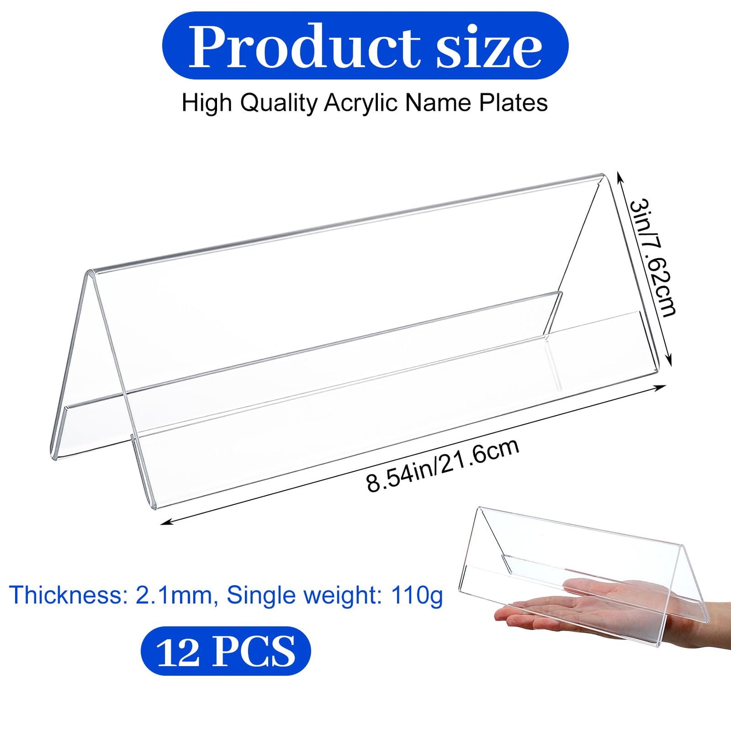 12 Pack Acrylic Name Plates for Desks, 3x8.5 Clear Tent Nameplate Display for Office Conference, Thickness: 2.1mm, Single Weight: 110g Reusable Name Tent Holder for Business Event