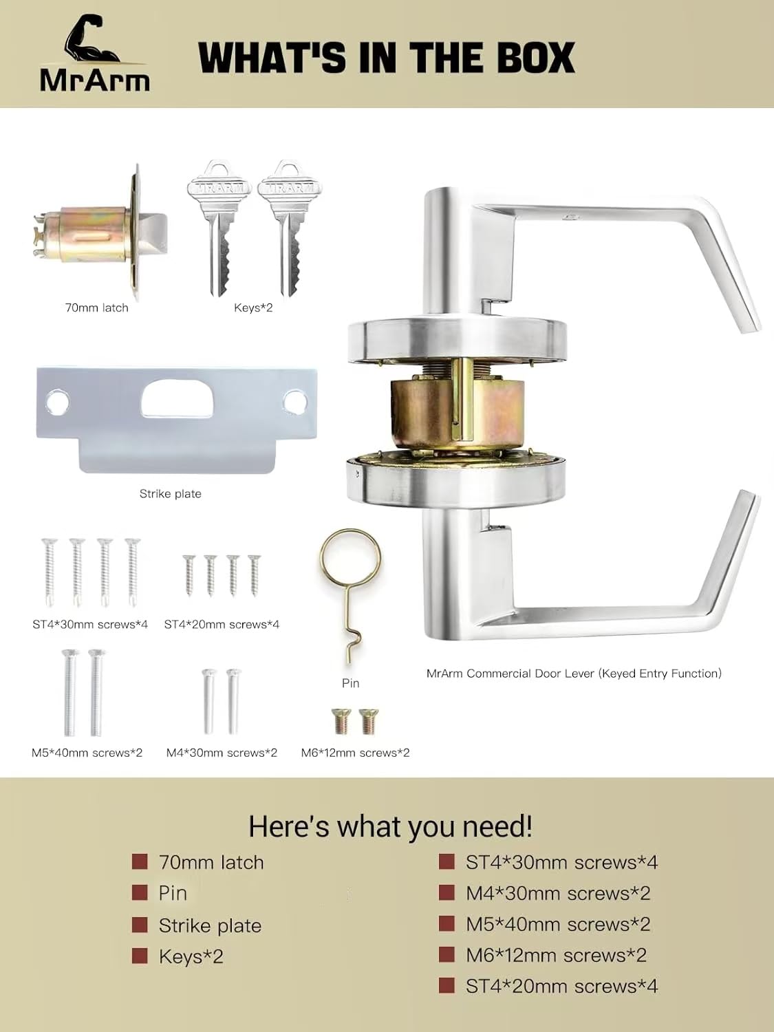MrArm Commercial Door Lever Lock, Heavy-Duty Locking Door Handle, Designer Door Handles, Cylindrical Lever Lock, Non-Handed Grade 2 Industrial Standard Door Handle, Satin Chrome(Classroom)