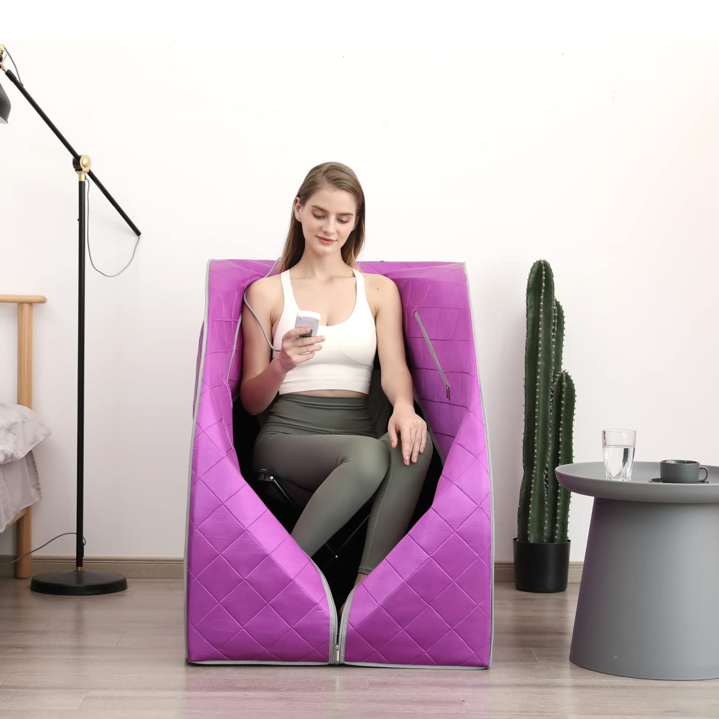 Smartmak Far Infrared Sauna, One Person at Home Portable Full Body SPA Tent with Heating Foot Pad and Portable Chair - Purple