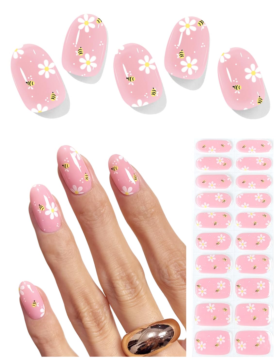 AutyaMee Semi Cured Gel Nail Strips (Bee & Blossom), 20 Pcs Gel Nail Wraps, Stickers, Nude Pink, Salon Quality, Works with Any UV Lamps