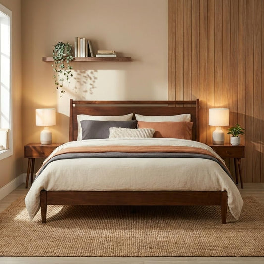 NTC Adept Wooden Bed Frame with Headboard, Crafted from Walnut, Rubber Wood with Silent Slats and Wood Central Supports, 1000 Lb Capacity, Effortless Assembly, Queen - Dark Walnut