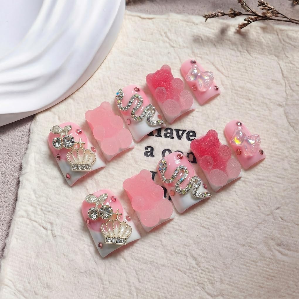 Vseegrs Pink Handmade Press on NailsDuck Medium Artificial False Nails with Designs 3D Cute Bear Acrylic Nail Press ons Rhinestones Press on Nail Kit for Women 10pcs (M)