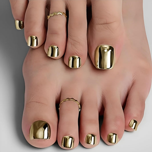 Gold Press on Toenails Short Square Fake Toe Nails Glossy Full Cover Toenail Press ons Solid Color False Toenails Gold Short stick on Toenail Acrylic Glue on Toe nail for Women Set Decorations 24Pcs