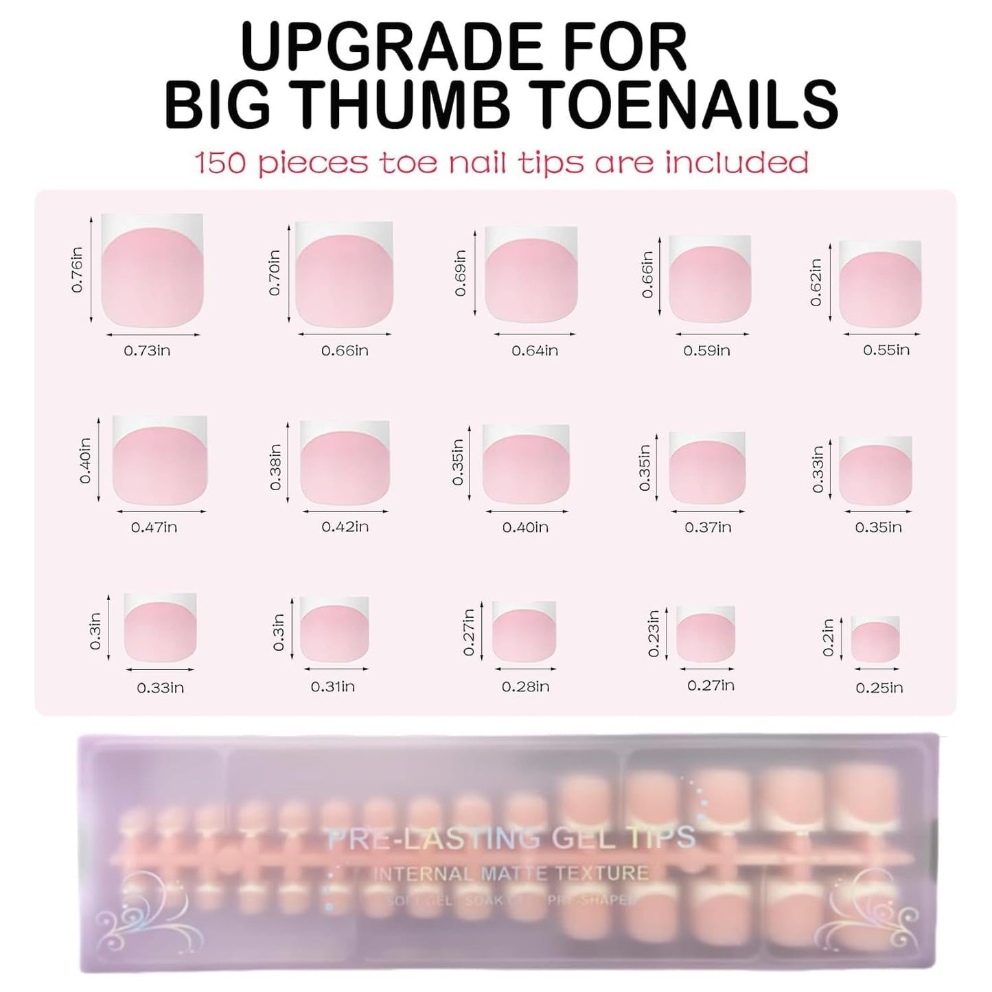 OPkssnails 150pcs French Tip Press on Toenails Short Square, Pink Press On Nails White French Toe Nail Tips for Women, Soft Gel Fake Toe Nails, Acrylic Nails Soak off Nail Home DIY 15 Size