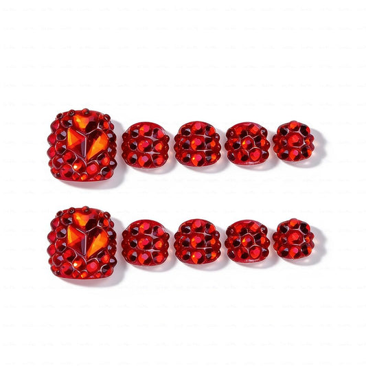 IntoVibes 10 Pieces Handmade Luxury Press On Toenails With Rde Bling Rhinestones, Full Cover, Press On Nails Stick On Toe Nails For Women Manicure, Acrylic Fake Toe Nails (M)